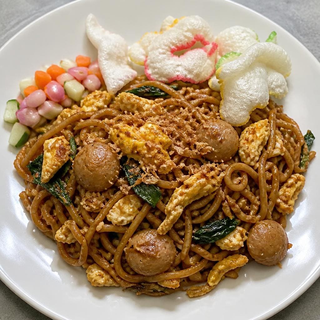 Mie Goreng Sambal Terasi Es Teler 77 dengan telur orak-arik dan bakso